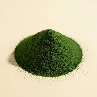 A small mound of vibrant dark green chlorella powder