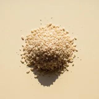 A small pile of psyllium husk seeds - pale beige, fluffy fiber