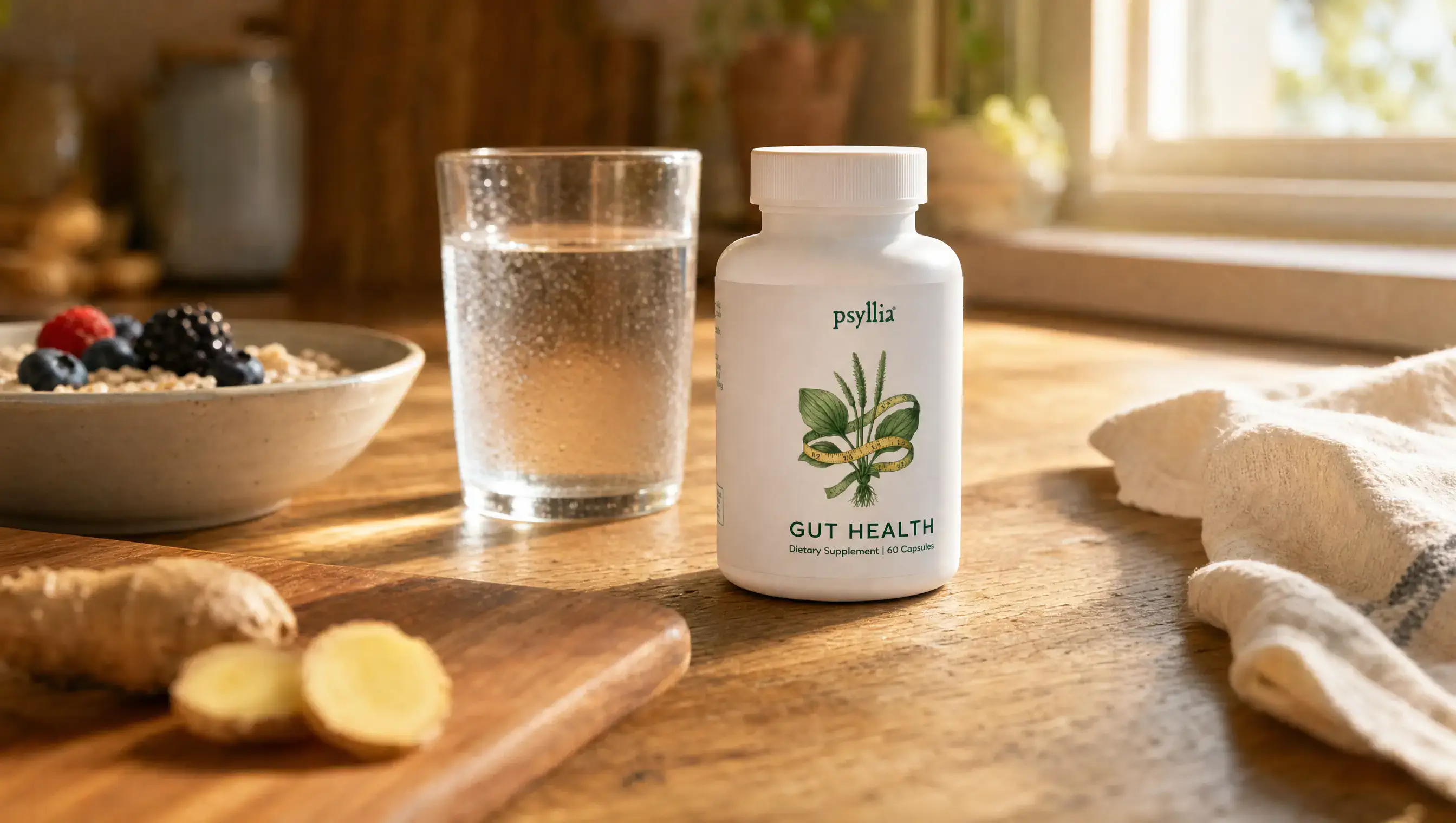 A single Psyllia bottle on a warm wood kitchen counter at golden hour, beside a glass of water, a bowl of oatmeal with berries, and fresh ginger root on a cutting board.